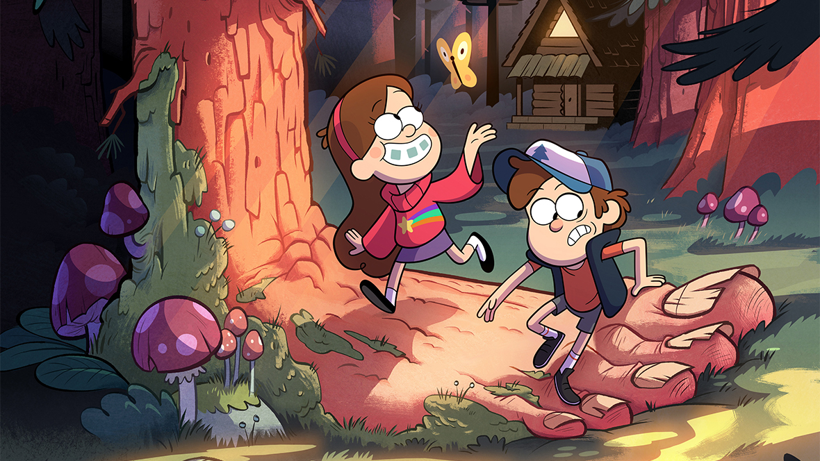 An image from the Disney Channel/DisneyXD animated series Gravity Falls, featuring Dipper (voiced by Jason Ritter) and Mabel Pines (voiced by Kristen Schaal). 