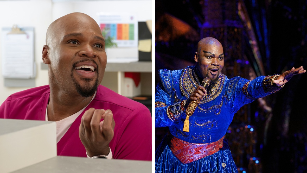 Side by side images of Michael James Scott as Nurse Dubois on ABC&rsquo;s Scrubs, left, and as the Genie in Disney&rsquo;s Aladdin on Broadway, right.