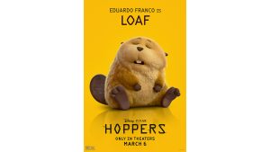 A promotional image of Loaf (voiced by Eduardo Franco), a sleepy looking beaver, for Disney and Pixar&rsquo;s Hoppers. The film&rsquo;s logo, as well as the Disney and Pixar logo and the film&rsquo;s release date, are seen below the character image.