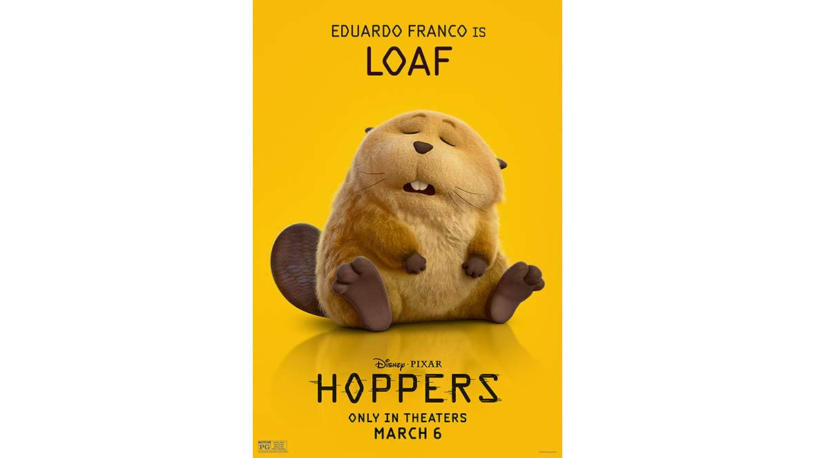 A promotional image of Loaf (voiced by Eduardo Franco), a sleepy looking beaver, for Disney and Pixar’s Hoppers. The film’s logo, as well as the Disney and Pixar logo and the film’s release date, are seen below the character image.