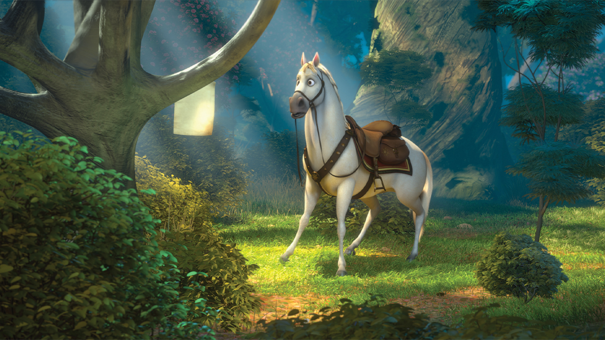 An image of Maximus from the 2010 Disney animated film Tangled. He is standing alone in the woods, looking perplexed; in front of him, attached to a tree branch, is a small poster.