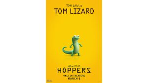 A promotional image of Tom Lizard (voiced by Tom Law) for Disney and Pixar&rsquo;s Hoppers. The film&rsquo;s logo, as well as the Disney and Pixar logo and the film&rsquo;s release date, are seen below the character image.