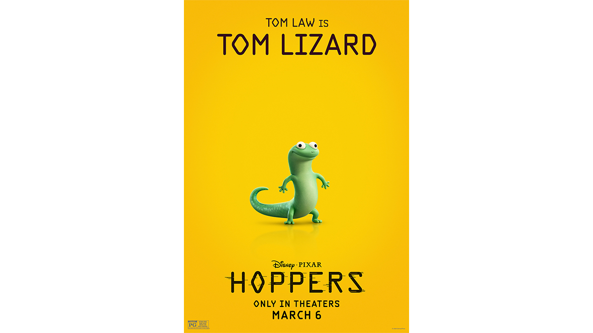 A promotional image of Tom Lizard (voiced by Tom Law) for Disney and Pixar’s Hoppers. The film’s logo, as well as the Disney and Pixar logo and the film’s release date, are seen below the character image.