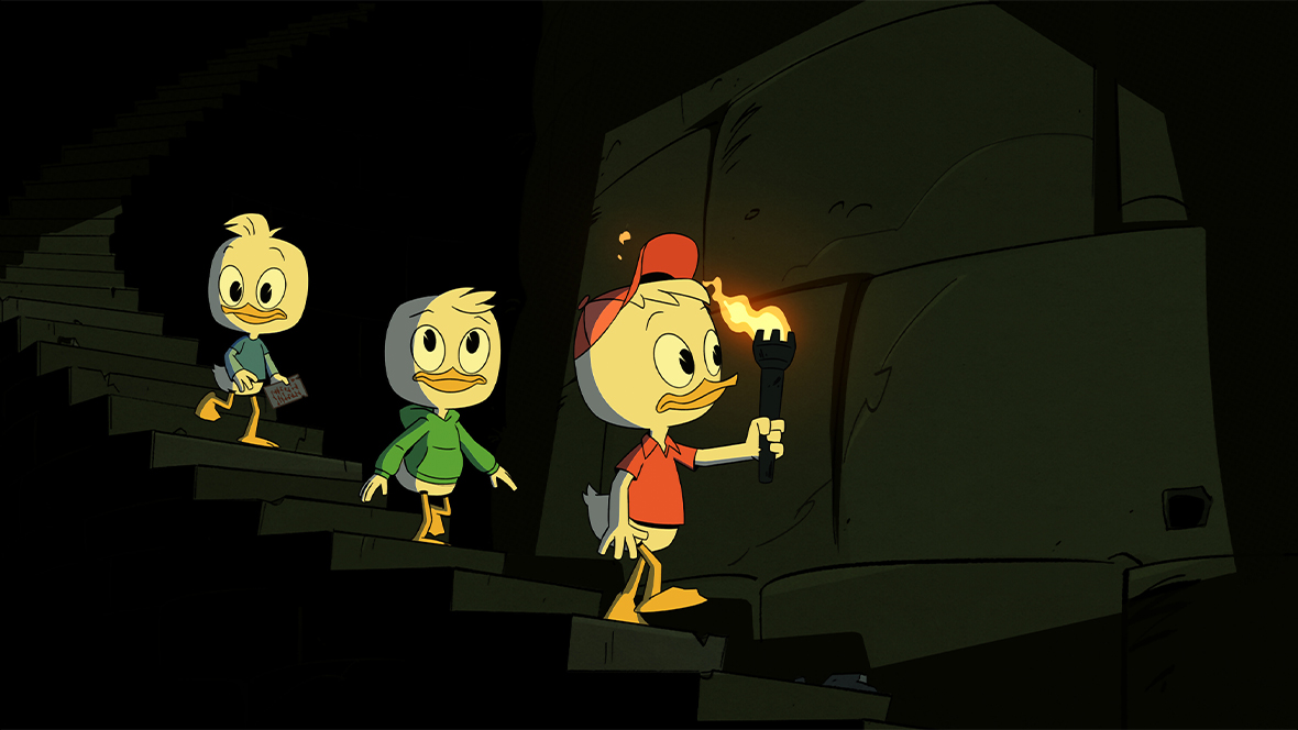 An image of Huey, Dewey, and Louie (voiced by Danny Pudi, Ben Schwartz, and Bobby Moynihan, respectively) from the 2017 reboot of the animated series DuckTales.
