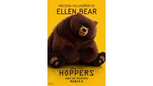 A promotional image of Ellen Bear (voiced by Melissa Villase&ntilde;or) for Disney and Pixar&rsquo;s Hoppers. She is looking grumpily at the camera. The film&rsquo;s logo, as well as the Disney and Pixar logo and the film&rsquo;s release date, are seen below the character image.