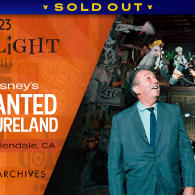 Promotional graphic for the D23 Spotlight Series &ldquo;Walt Disney&rsquo;s Enchanted Adventureland.&rdquo; The left side features an orange-patterned background with event details, including the date (&ldquo;Mar 28&rdquo;) and location (&ldquo;Glendale, CA)&rdquo;)&mdash;along with the Walt Disney Archives logo. The right side shows a vintage photograph of Walt Disney inside the Enchanted Tiki Room, with colorful animatronic birds perched on decorative fixtures above his head, and guests observing the scene in the background. A banner at the top reads SOLD OUT.