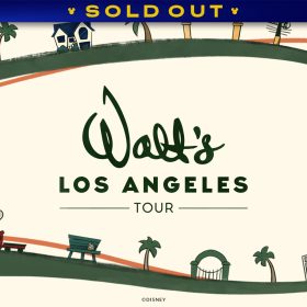 A promotional image for D23 and the Walt Disney Archives&rsquo; &ldquo;Walt&rsquo;s Los Angeles Tour&rdquo; event. The event title occupies the center of the image, with &ldquo;Walt&rsquo;s&rdquo; in a font evoking Walt Disney&rsquo;s signature. On a cream background, the top and bottom of the image are framed by large green brushstrokes with orange accents evoking soft hills, with palm trees and various Walt Disney-related imagery atop, including the gates of the Walt Disney Studio Lot, the Sorcerer Mickey hat, and more. A banner at the top reads SOLD OUT.