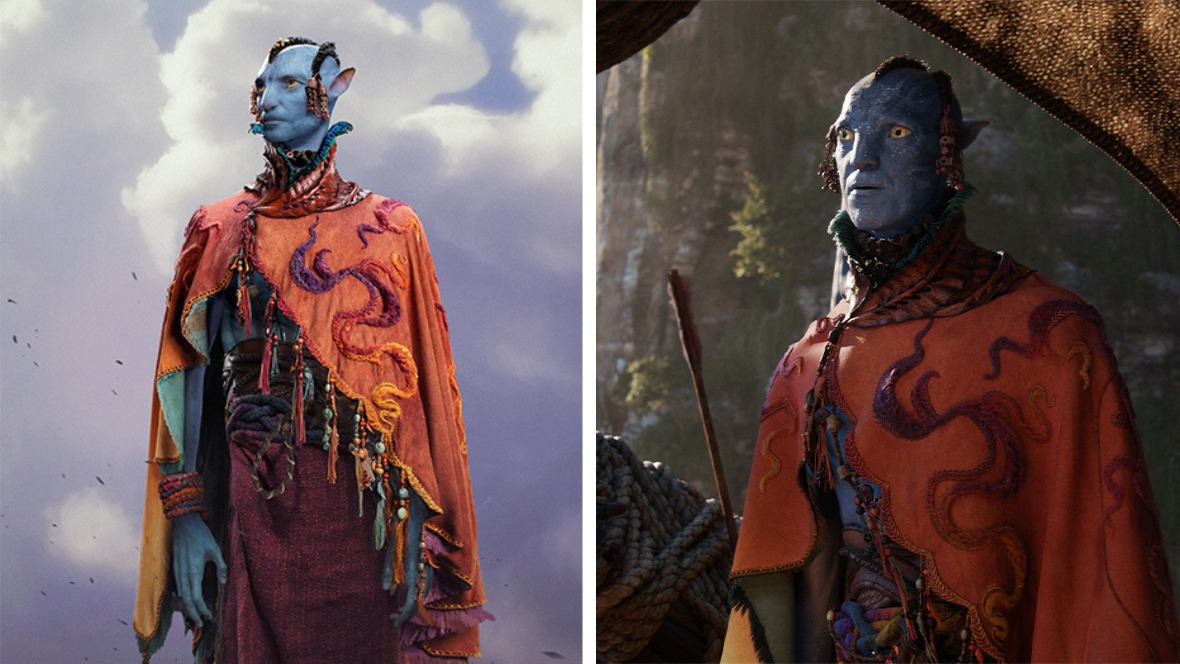 Deborah L. Scott's costume design for Peylak is on the left. David Thewlis plays Peylak onscreen in Avatar: Fire and Ash on the right.