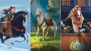 A triptych of images of animated Disney horses: Samson from Khan from Mulan, Maximus from Tangled, and Mayor Brian Winddancer from Zootopia 2.