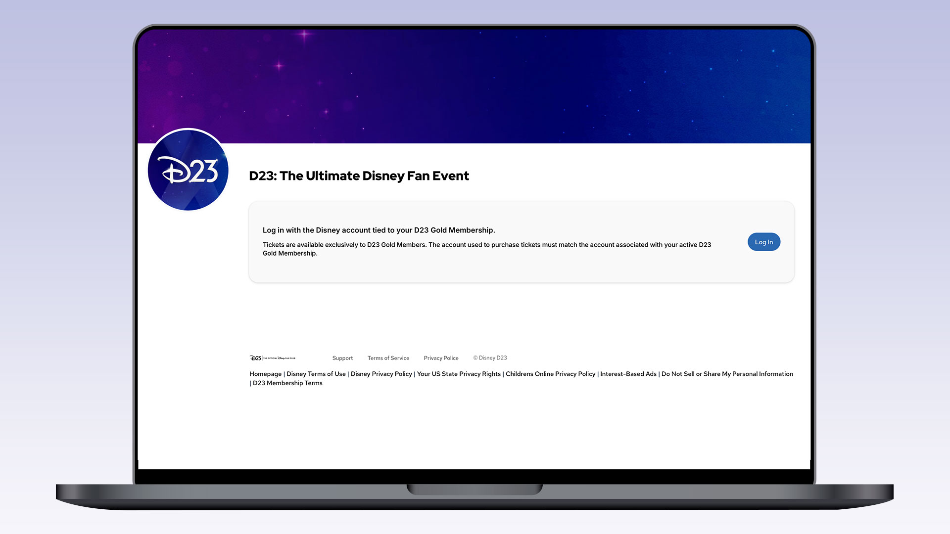 A laptop screen with a login page for D23: The Ultimate Disney Fan Event, prompting users to log in with their Disney account tied to a D23 Gold Membership in order to purchase tickets.