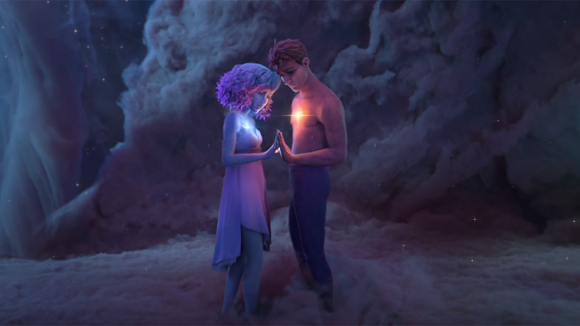 Two cosmic beings — a blue-colored female and a peach-colored male, both emanating light from their hearts — face each other. Their heads are tilted down as they gaze at their adjoined hands. The two cosmic beings are surrounded a gray, nebulous cloud.