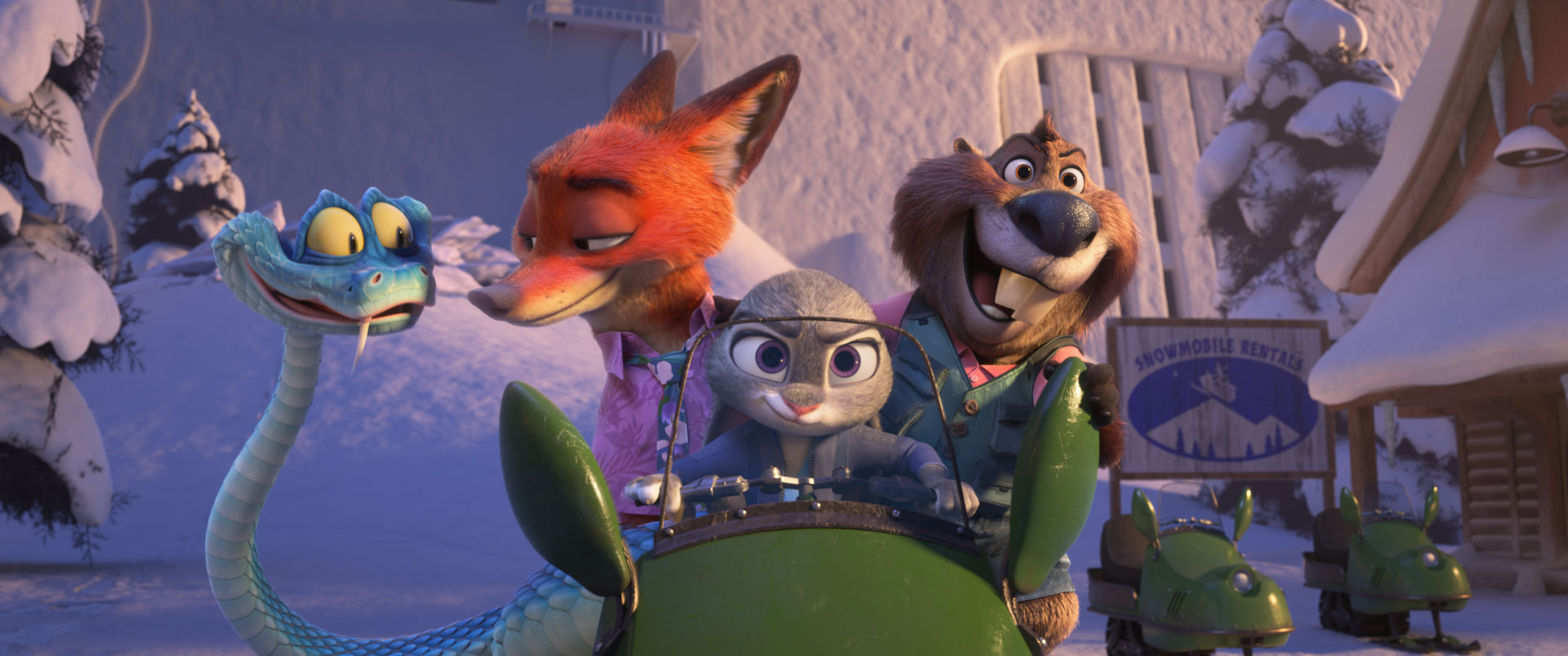 Gary De'Snake, Nick Wilde, Judy Hopps, and Nibbles Maplestick ride a snowmobile.