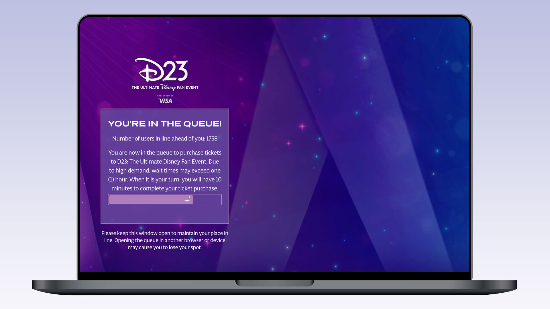 A laptop screen shows a queue page for D23: The Ultimate Disney Fan Event, presented by Visa. The page is purple with sparkling stars, and text indicating the user is in the queue with 1758 ahead of them and instructions to keep the window open to secure their spot.