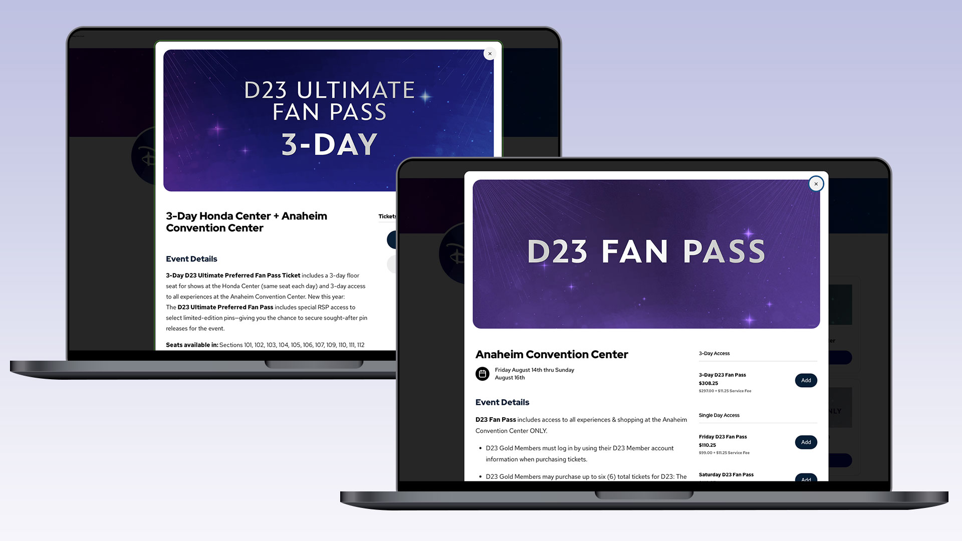 Two overlapping laptop screens show ticket details for the D23 Expo. The left screen displays the "D23 Ultimate Fan Pass 3-Day" for the Honda Center and Anaheim Convention Center, with event details and seat availability. The right screen shows the "D23 Fan Pass" for the Anaheim Convention Center, with event dates, details, and ticket purchase options for a 3-day or single-day access. Both screens feature starry purple event banners at the top.