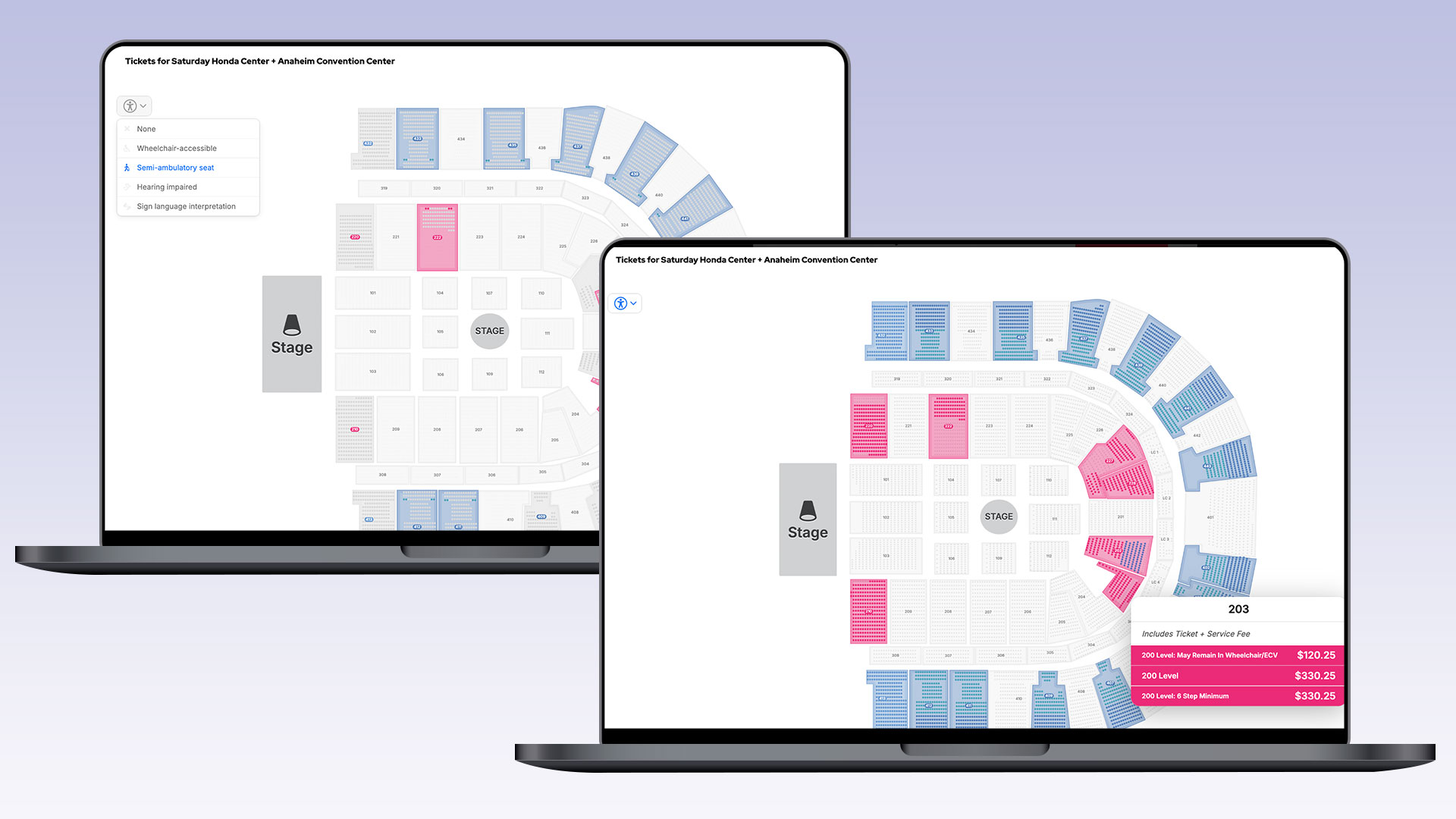 Two laptop screens side by side, both displaying arena seating charts for the Honda Center at Anaheim Convention Center. The left screen highlights accessibility filters (wheelchair, semi-ambulatory, etc.), while the right screen displays ticket prices in a side panel.