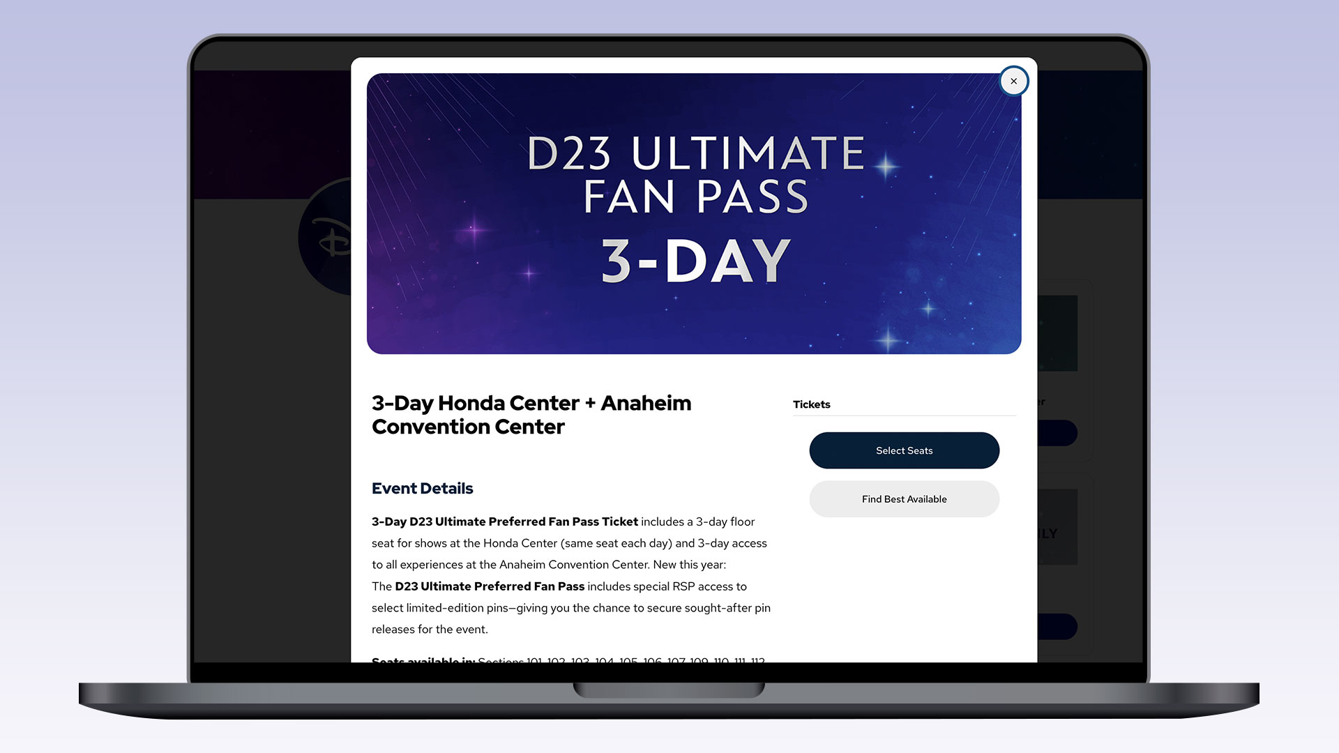 A laptop screen showing event details for the "D23 Ultimate Fan Pass 3-Day" ticket, which includes access to shows at the Honda Center. The page features a prominent event banner at the top and ticket selection buttons on the right.