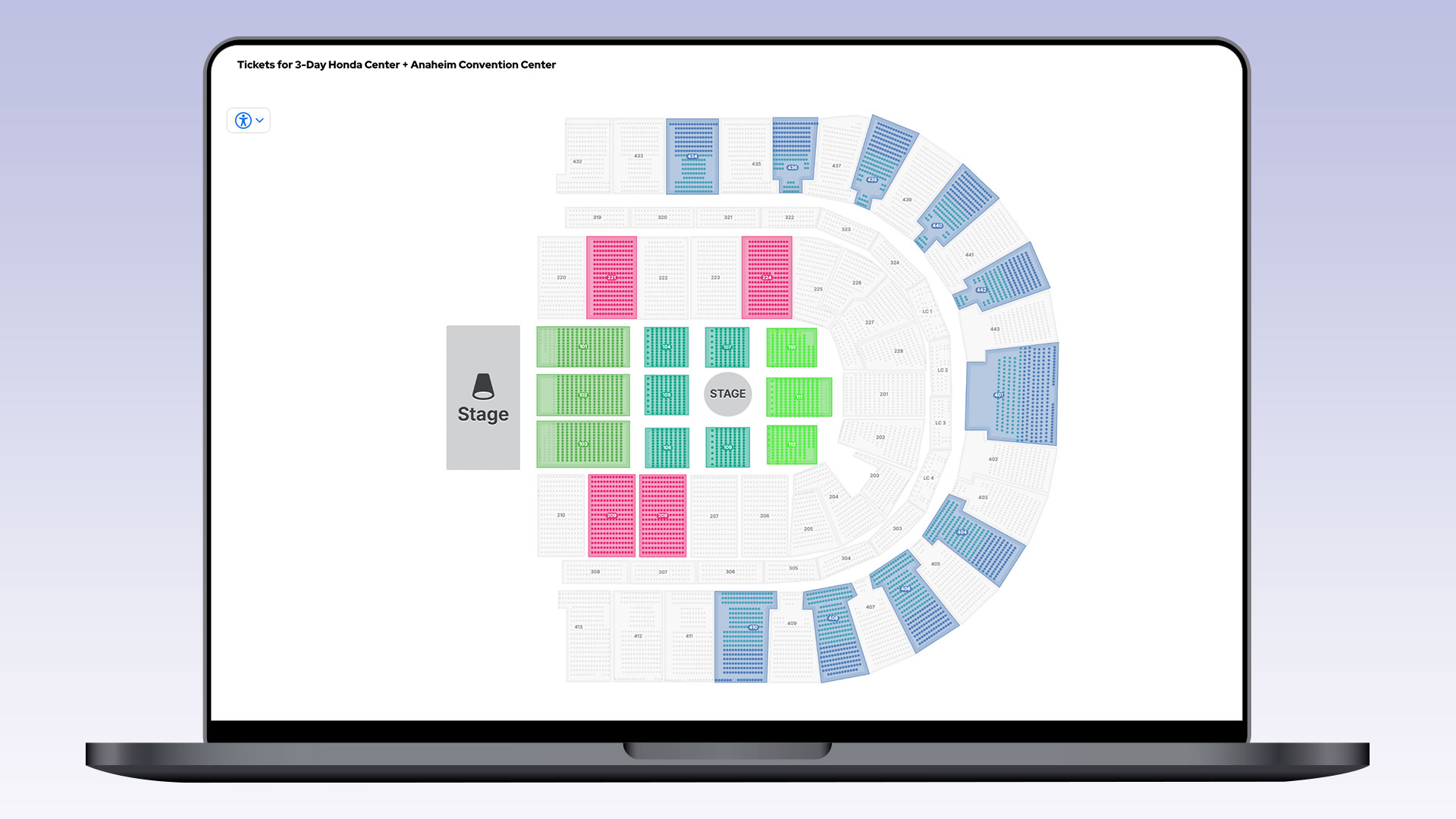 A laptop screen displays a color-coded seating map for the 3-Day Honda Center + Anaheim Convention Center, showing various sections around the stage labeled with different colors for ticket zones.