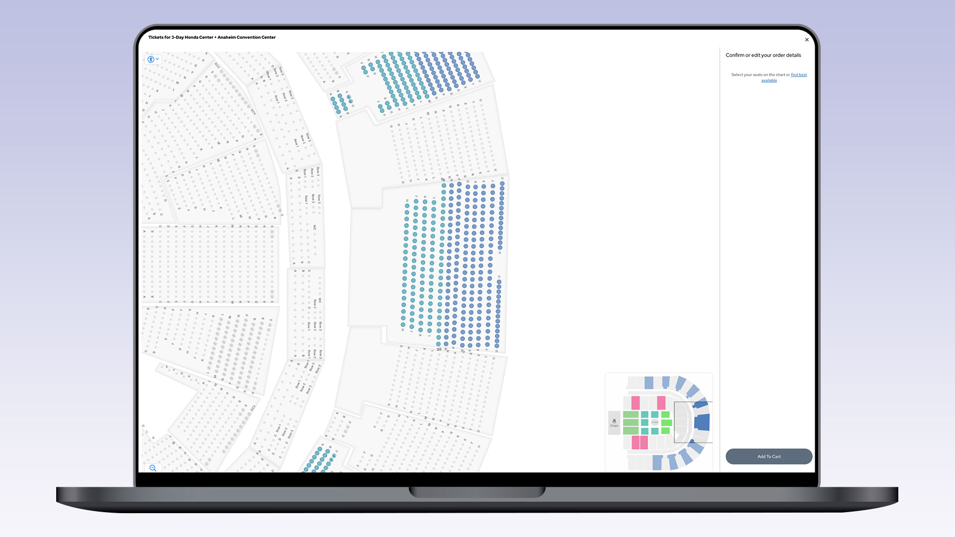 A laptop displays a seat selection chart for a large arena, with colored dots representing available and unavailable seats for the D23 event. The seating chart includes highlighted sections and a small stadium map at the bottom right.