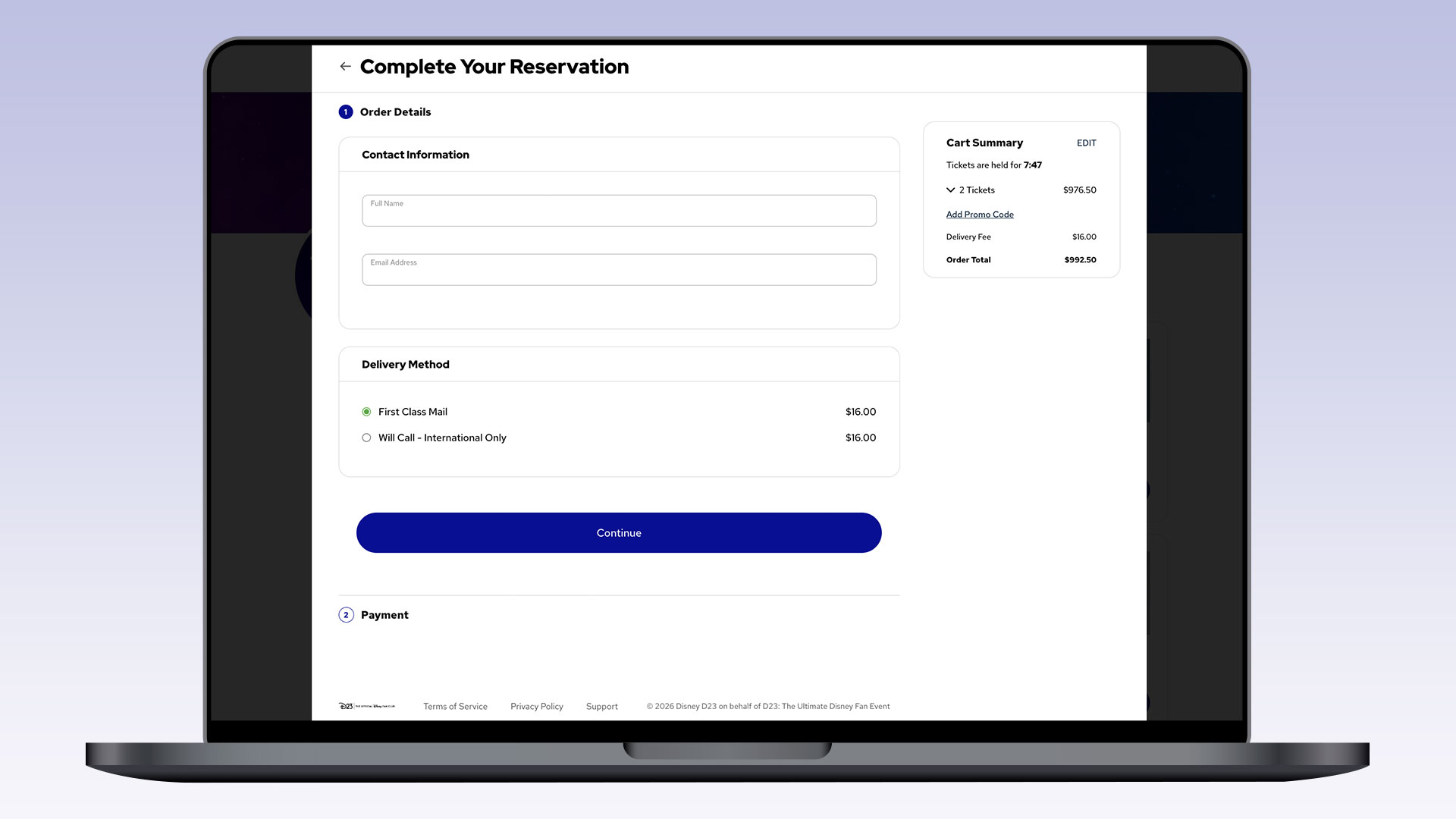 A laptop screen displays a ticket reservation page for D23: The Ultimate Disney Fan Event. The page includes sections for contact information, delivery method (with options for First Class Mail and Will Call), and a cart summary on the right showing 2 tickets ($976.50) and a $16 delivery fee, for a total of $992.50.