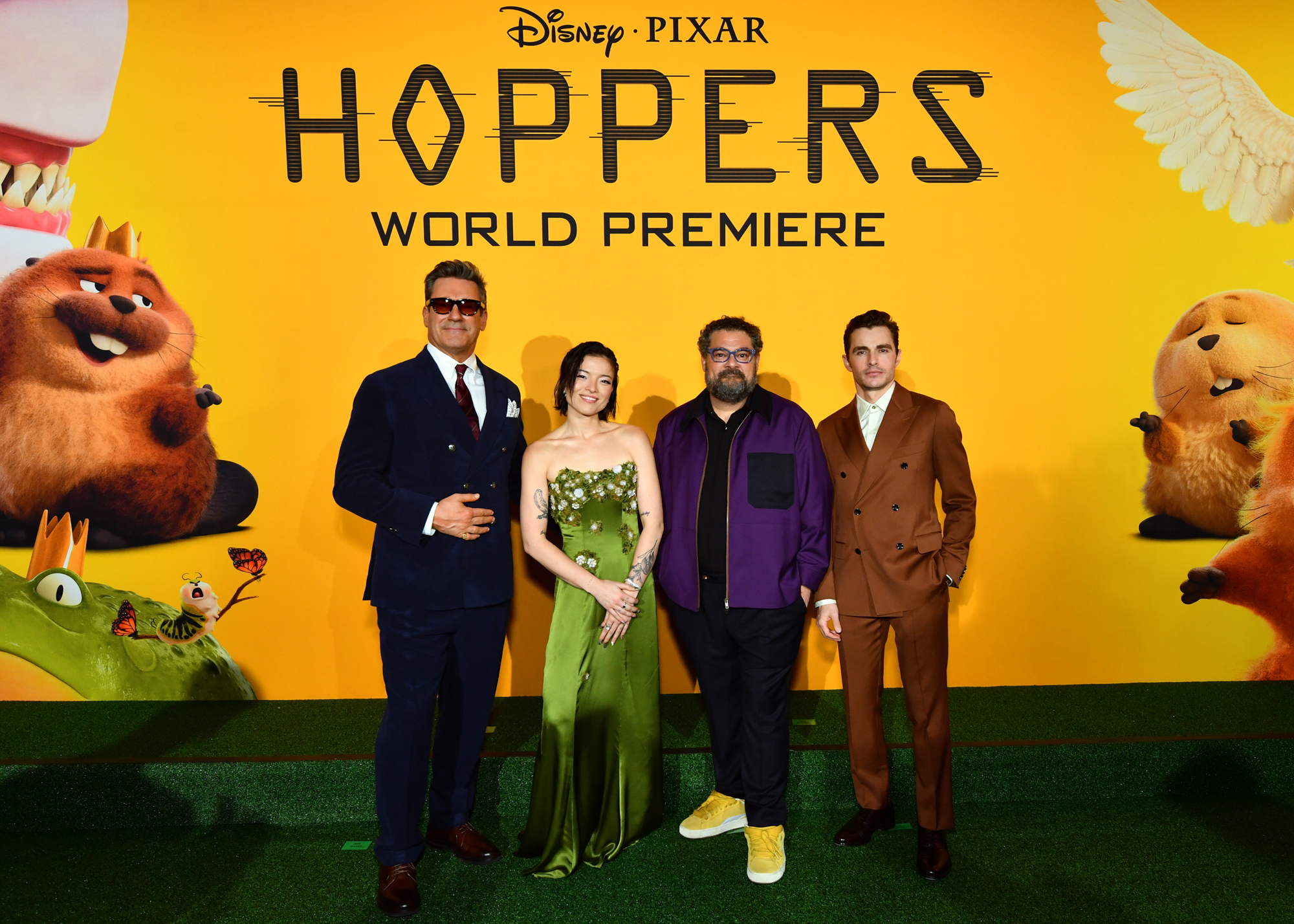 Jon Hamm, Piper Curda, Bobby Moynihan, and Dave Franco pose for a photo at the world premiere of Disney and Pixar's Hoppers at the El Capitan Theatre in Hollywood.