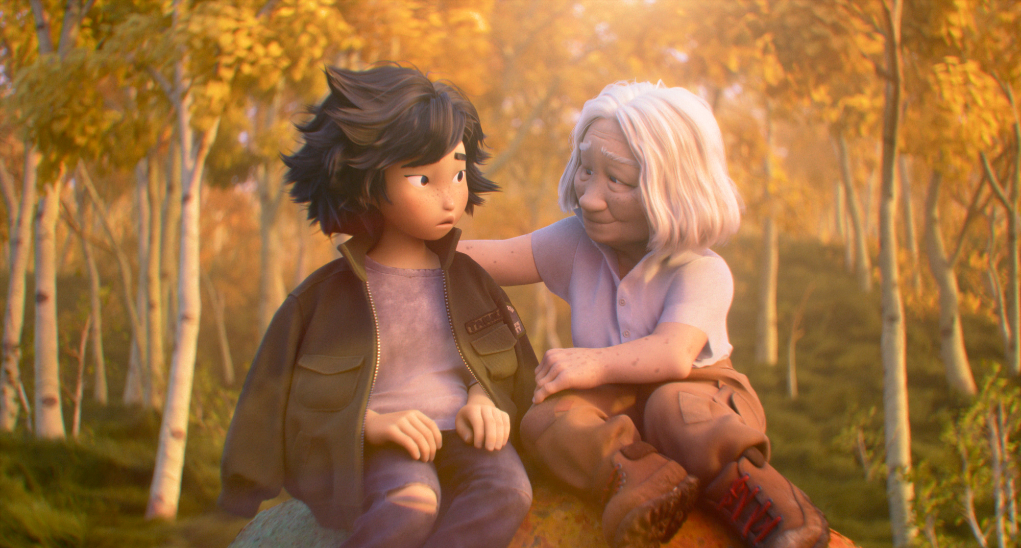 (L-R): Mabel and Grandma Tanaka sit on a rock in Disney and Pixar's Hoppers.