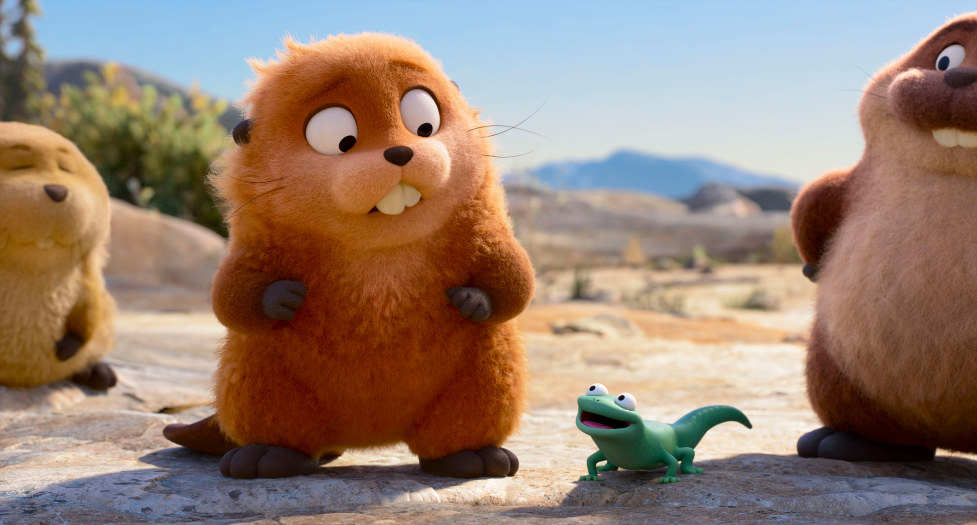 (L-R): Loaf, Beaver Mabel Beaver, Tom Lizard, and King George in Disney and Pixar's Hoppers