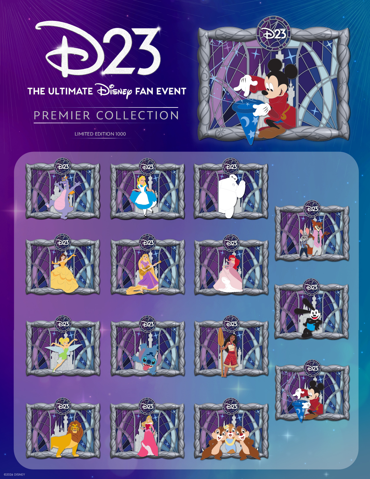 An image of the limited-edition pins that will be available to D23 Ultimate Preferred Fan Pass holders through exclusive Random Selection Process opportunities during D23: The Ultimate Disney Fan Event 2026.