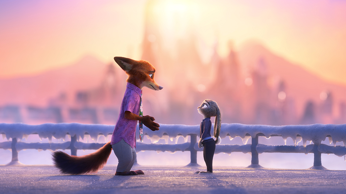 Nick Wilde, a fox, stands opposite Judy Hopps, a bunny, on a snowy bridge.