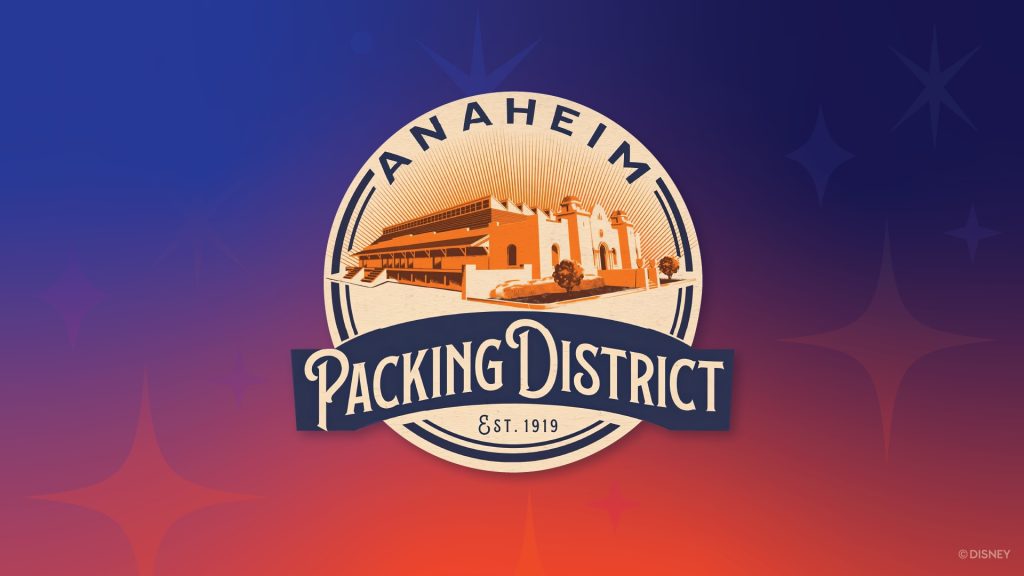 Anaheim Packing District logo featuring an illustrated historic building and the text "Anaheim Packing District Est. 1919" on a purple and orange background.