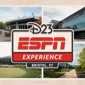 A collage of four exterior photos of ESPN&rsquo;s campus in Bristol, Connecticut, including modern glass buildings, landscaped walkways, outdoor seating areas with red umbrellas, and a small putting green. Centered over the images is a large graphic reading &ldquo;D23 ESPN Experience, Bristol, CT&rdquo; in bold black, red, and tan branding.