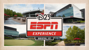 A collage of four exterior photos of ESPN&rsquo;s campus in Bristol, Connecticut, including modern glass buildings, landscaped walkways, outdoor seating areas with red umbrellas, and a small putting green. Centered over the images is a large graphic reading &ldquo;D23 ESPN Experience, Bristol, CT&rdquo; in bold black, red, and tan branding.