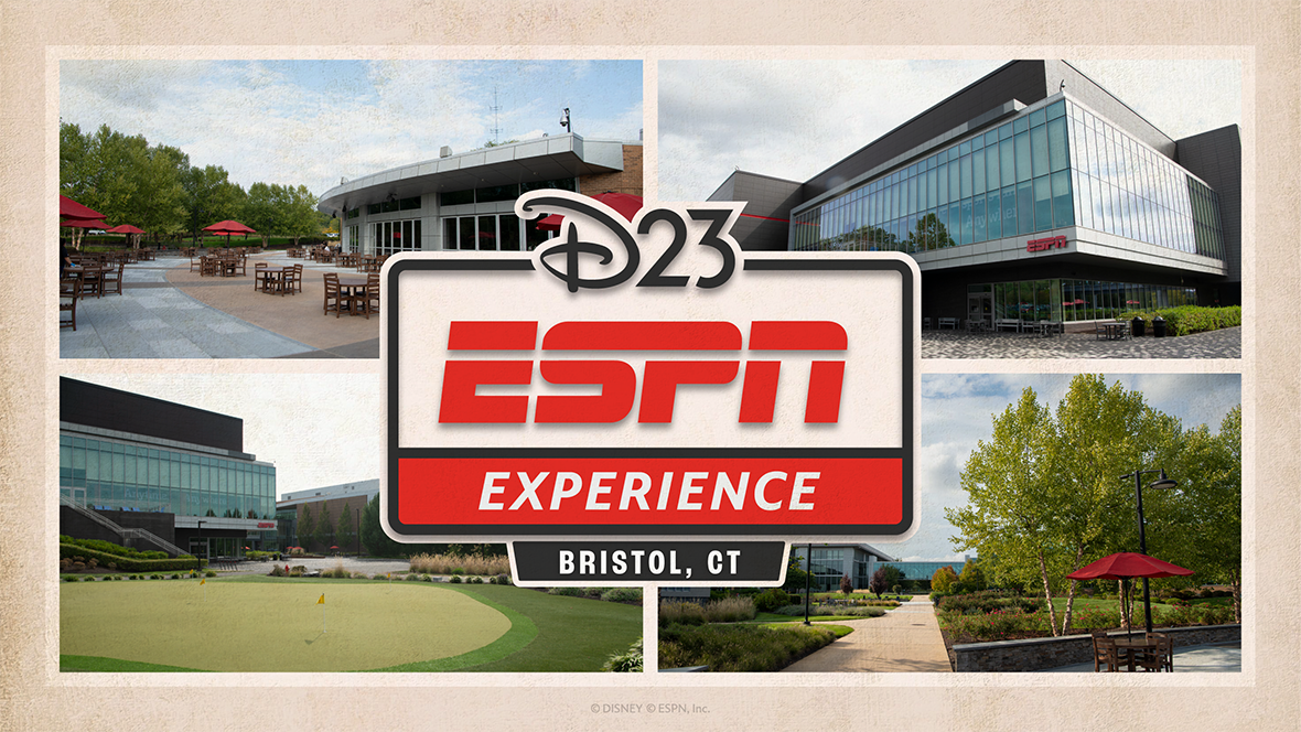 A collage of four exterior photos of ESPN&rsquo;s campus in Bristol, Connecticut, including modern glass buildings, landscaped walkways, outdoor seating areas with red umbrellas, and a small putting green. Centered over the images is a large graphic reading &ldquo;D23 ESPN Experience, Bristol, CT&rdquo; in bold black, red, and tan branding.
