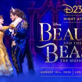: Promotional graphic for D23 Night at Disney’s Beauty and the Beast: The Musical. On the left, Belle in a shimmering gold ball gown dances with the Beast, who wears a royal blue embroidered coat. They hold hands mid-waltz and smile at each other under a starry night sky with a glowing moon. Ornate castle architecture appears behind them in purple and blue lighting. On the right, large gold lettering reads “Disney Beauty and the Beast The Musical,” with the D23 logo above. Text at the bottom states “August 18th, 2026 | Los Angeles, CA.” Photo Caption: Kyra Belle Johnson and Fergie L. Philippe. Disney’s Beauty and the Beast. Photo by Matthew Murphy. ©Disney