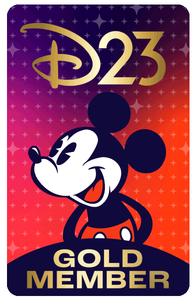 Mickey Mouse smiles below the gold text &ldquo;D23 Gold Member&rdquo; on a red and purple starry background, representing D23 membership.