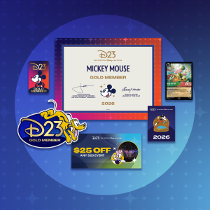 D23 Gold Membership 2026 items display Mickey Mouse certificate, membership cards, Pluto pin, Mad Hatter collectible, and $25 off event offer.