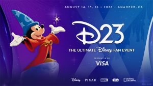 A logo for D23: The Ultimate Disney Fan Event 2026. Sorcerer Mickey is seen in the middle of the image, and the dates of the event are featured.