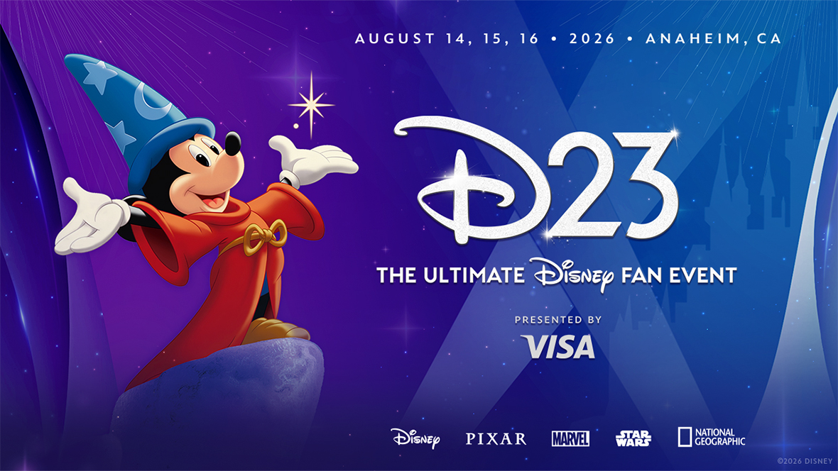 A logo for D23: The Ultimate Disney Fan Event 2026. Sorcerer Mickey is seen in the middle of the image, and the dates of the event are featured.