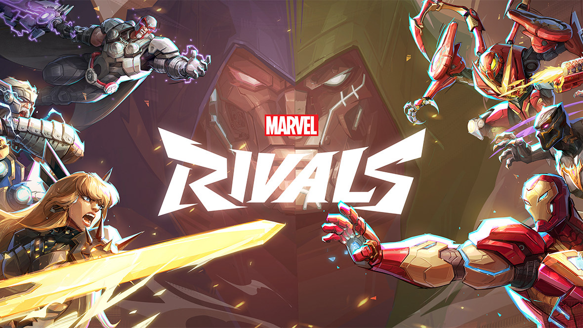 An image promoting Marvel Rivals, the Super Hero team-based PvP shooter game featuring a squad of Super Heroes and Super Villains across the Marvel Multiverse. The logo for the game is seen at center.
