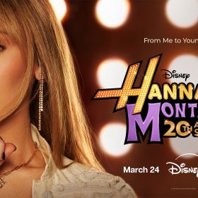 A promotional graphic for the Hannah Montana 20th Anniversary Special featuring a close-up of Miley Cyrus. The background is filled with large, glowing circular lights. To the right, the logo reads “Disney Hannah Montana 20th Anniversary Special” in gold and purple stylized lettering. Additional text reads “From Me to Younger You” above the logo, and below, “March 24” with the Disney+ and Hulu logos.
