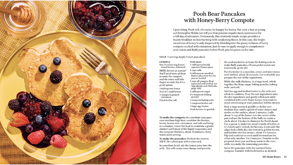A recipe card for Pooh-Bear Pancakes with Honey Berry Compote. The recipe instructions are on the right, while an image of the dish is on the left.