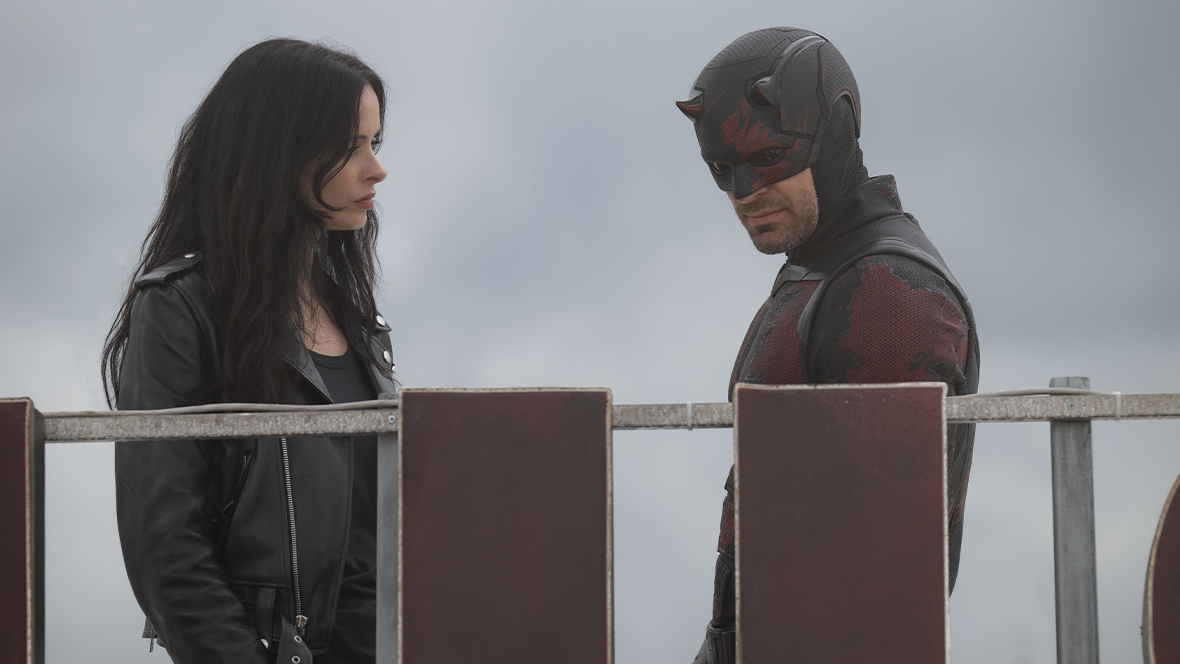 An image from Daredevil: Born Again season 2, featuring Krysten Ritter as Jessica Jones (left) and Charlie Cox as Daredevil (right).