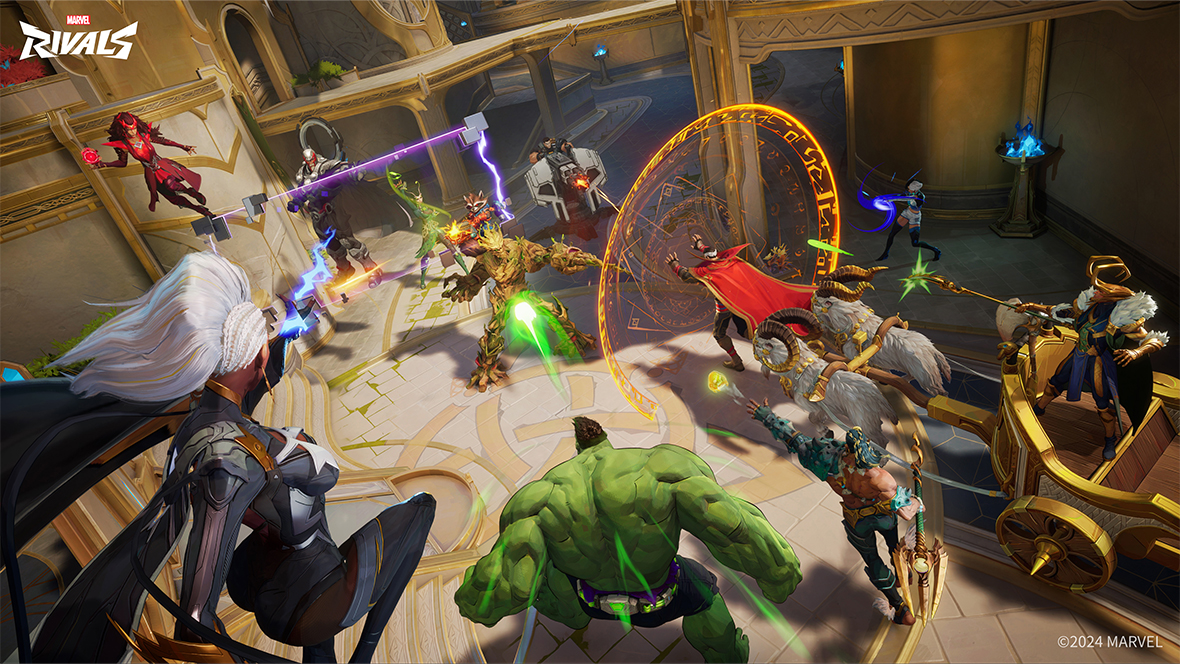 An image from gameplay during Marvel Rivals, featuring many different Marvel characters including Hulk, Dr. Strange, Loki, Groot, and more.