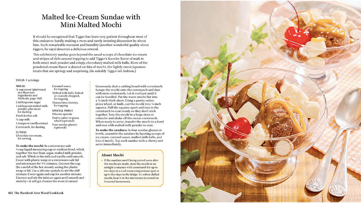 A recipe card for Malted Ice-Cream Sundaes with Mini Malted Mochi. The recipe instructions are on the right, while an image of the dish is on the left.