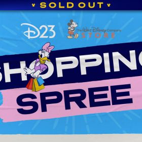 The D23 and The Walt Disney Company Store logos are on top of bold highlighted text that reads &ldquo;Shopping Spree&rdquo; with blue lightning marks bursting out around the words against a bright blue background. Daisy Duck, smiling and leaning back, is positioned in the &ldquo;o&rdquo; of the word shopping and is holding red, yellow, and blue shopping bags. A banner at the top reads SOLD OUT.