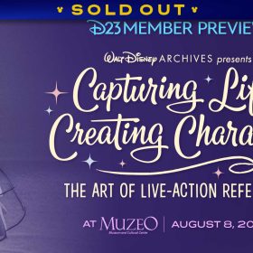 Promotional graphic for a D23 Member Preview event titled “Capturing Life, Creating Character: The Art of Live-Action Reference.” The left side features a sketch-style illustration of Alice from Alice in Wonderland, with her live-action reference behind it. On the right, stylized lettering presents the event title, with small star accents and a pencil graphic. Text at the bottom reads “At Muzeo | August 8, 2026.” The background is a purple hue. A banner at the top reads SOLD OUT.