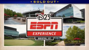 A collage of four exterior photos of ESPN&rsquo;s campus in Bristol, Connecticut, including modern glass buildings, landscaped walkways, outdoor seating areas with red umbrellas, and a small putting green. Centered over the images is a large graphic reading &ldquo;D23 ESPN Experience, Bristol, CT&rdquo; in bold black, red, and tan branding. A banner at the top reads SOLD OUT.