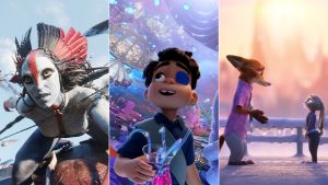A triptych of three images from Disney&rsquo;s nominated films for the 98th Academy Awards. On the left, an image from Avatar: Fire and Ash; in the middle, and image from Disney and Pixar&rsquo;s Elio; on the right, an image from Walt Disney Animation Studios&rsquo; Zootopia 2.