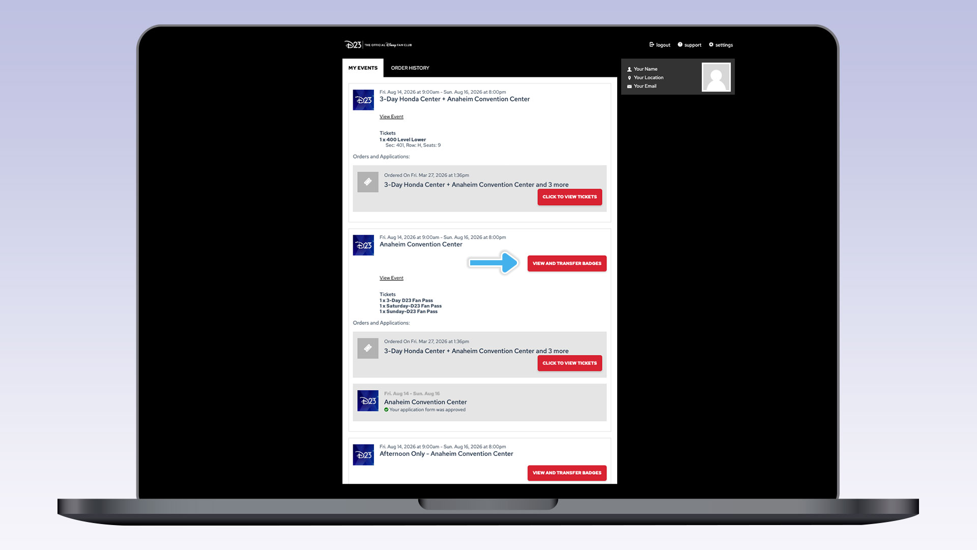 A laptop screen showing the &ldquo;MY EVENTS&rdquo; webpage from D23. Multiple event ticket blocks display, with buttons reading &ldquo;CLICK TO VIEW TICKETS&rdquo; and &ldquo;VIEW AND TRANSFER BADGES.&rdquo; A blue arrow points to the &ldquo;VIEW AND TRANSFER BADGES&rdquo; button for the Anaheim Convention Center event.