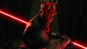 Darth Maul wields his double-bladed red lightsaber in a fighting stance in Star Wars: Maul &ndash; Shadow Lord.