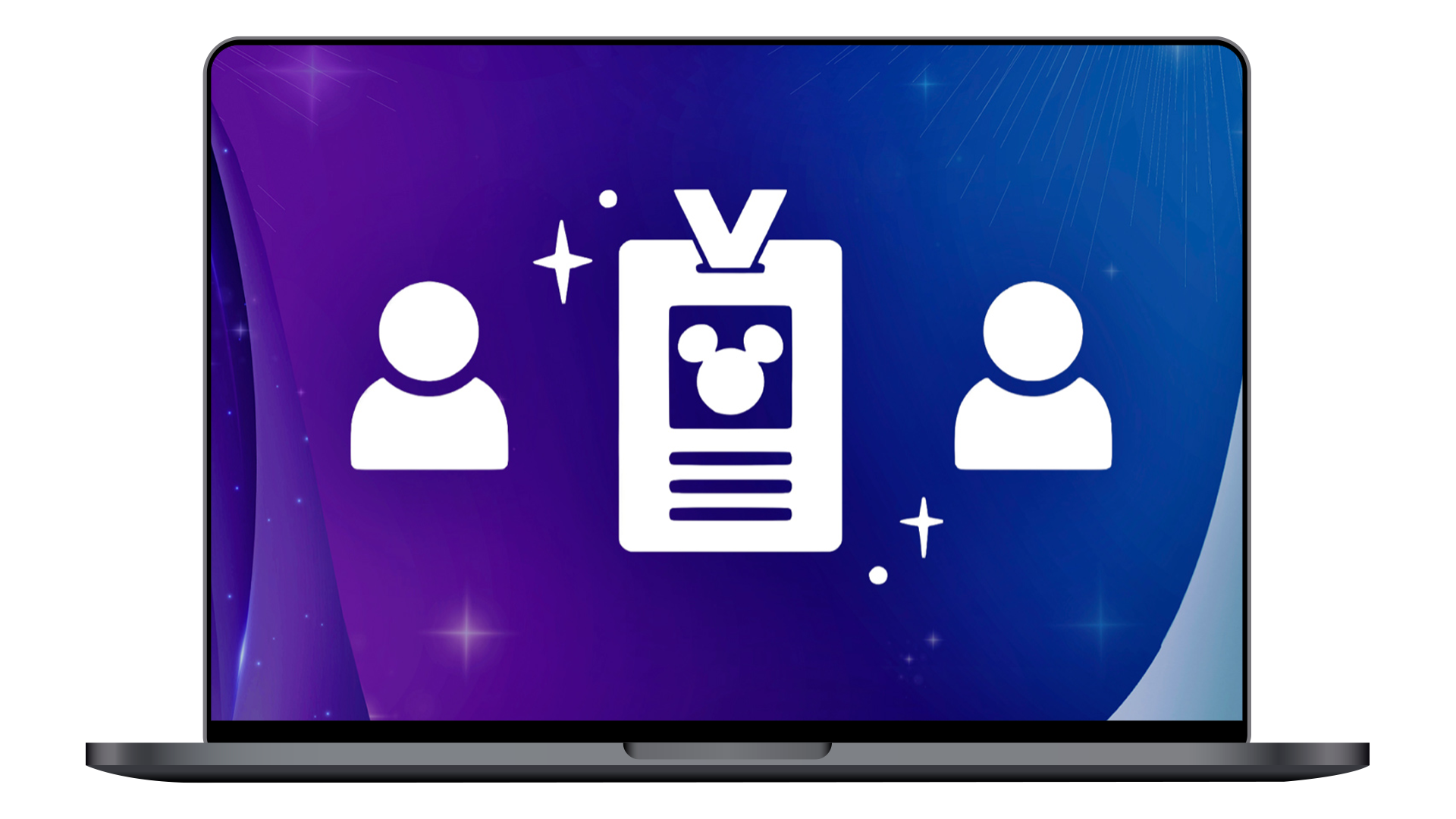 wo user icons flank a Disney badge with a Mickey Mouse logo, displayed on a laptop screen with a purple and blue starry background.